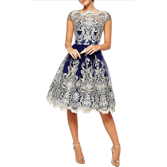 Amazon Dresses & Skirts - Women's Blue Lace Metallic Gold Embroidered Formal Cocktail Dinner Party Dress